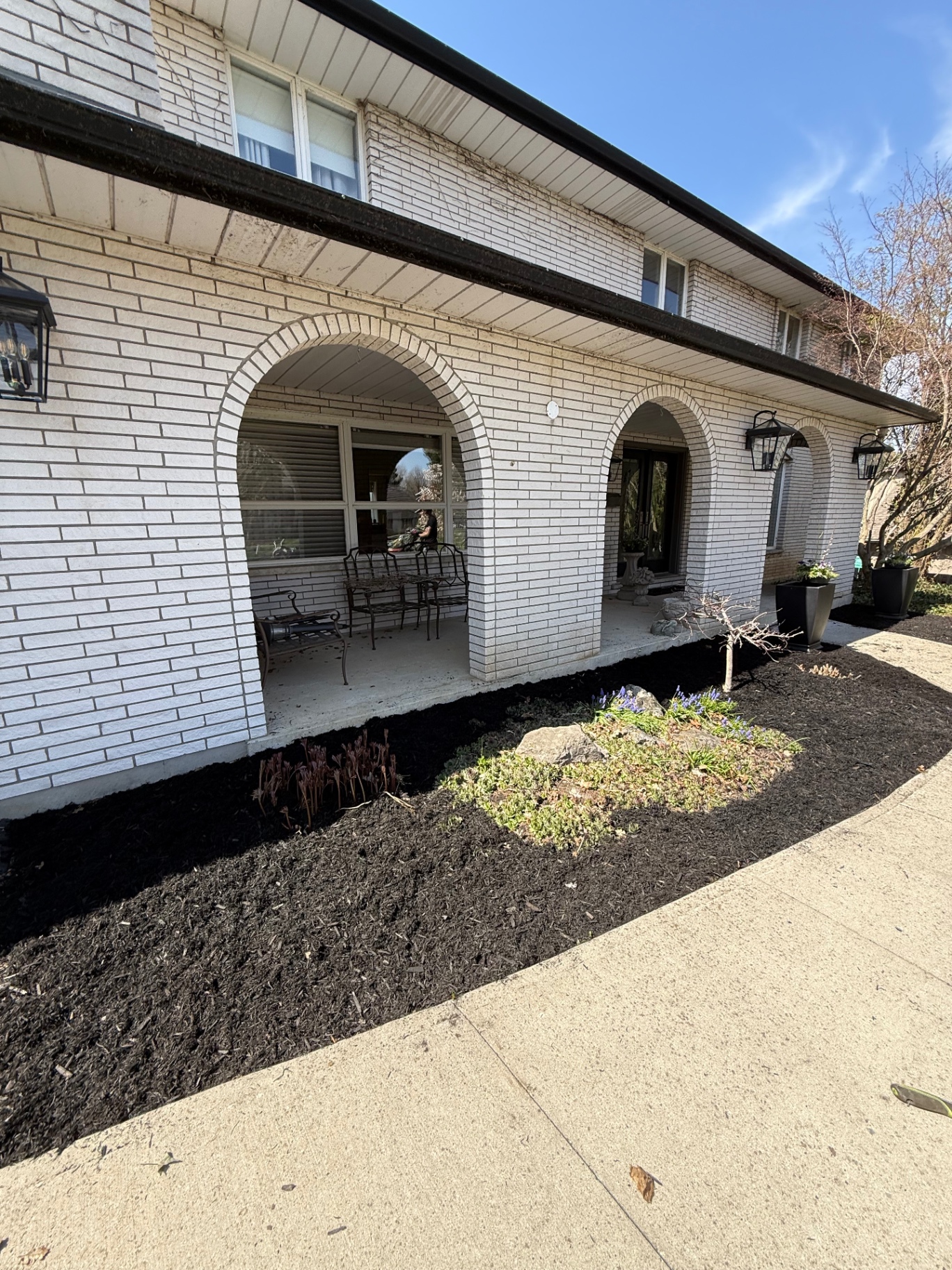 After — Front entrance landscape construction in Ancaster — tired garden bed cleaned up, edged, and finished with fresh black mulch along the arched portico