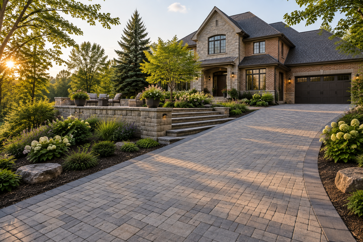 Interlock driveway and stepped terrace at a stone-and-brick home on a gently sloping lot