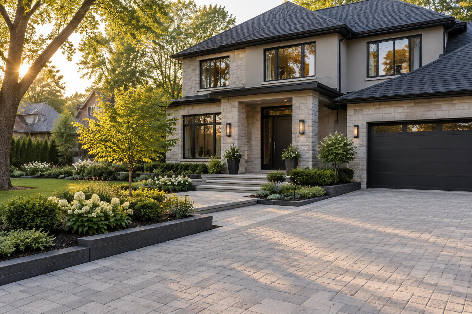Light grey interlock driveway and entry walk at a tree-lined contemporary home