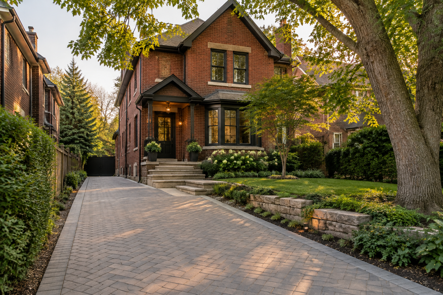 Grey interlock driveway beside a brick home with a narrow side yard and mature tree