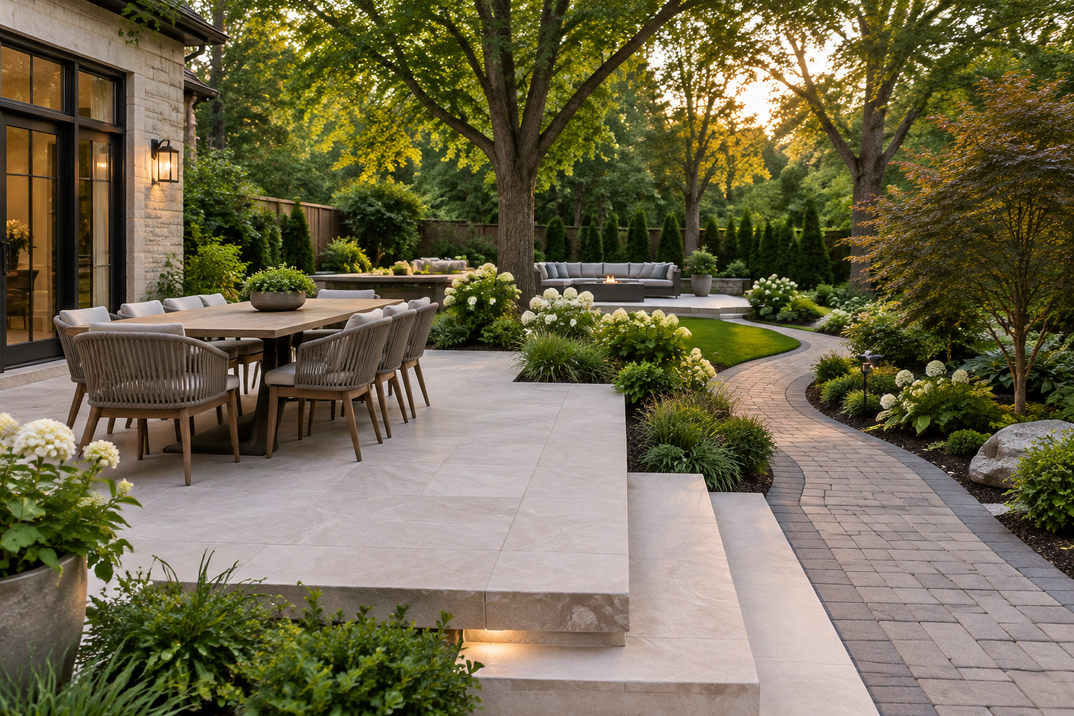 Pale stone patio, garden steps and curved interlock walkway among mature trees