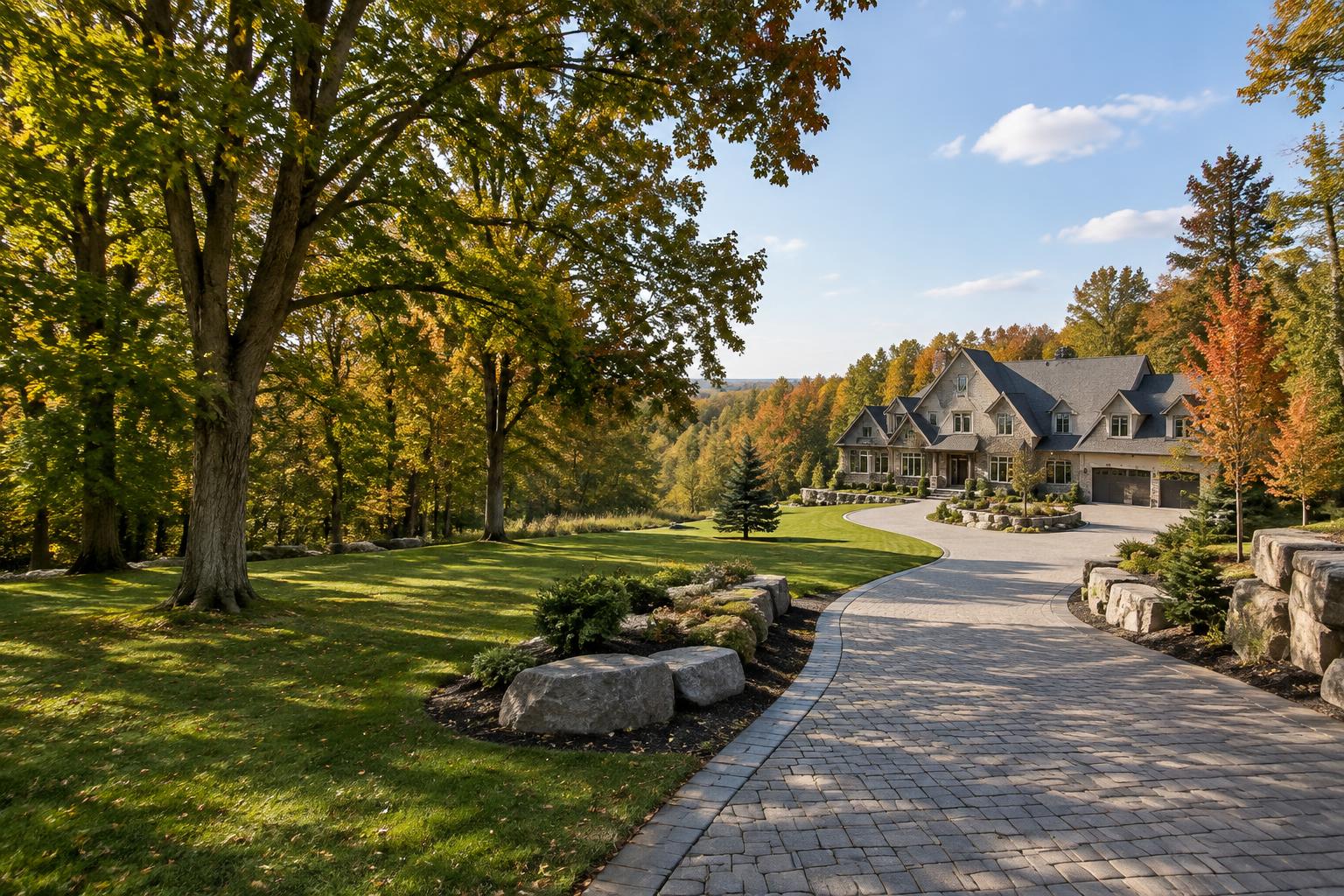 Illustrative country estate yard with a long interlock driveway, armour stone and mature trees