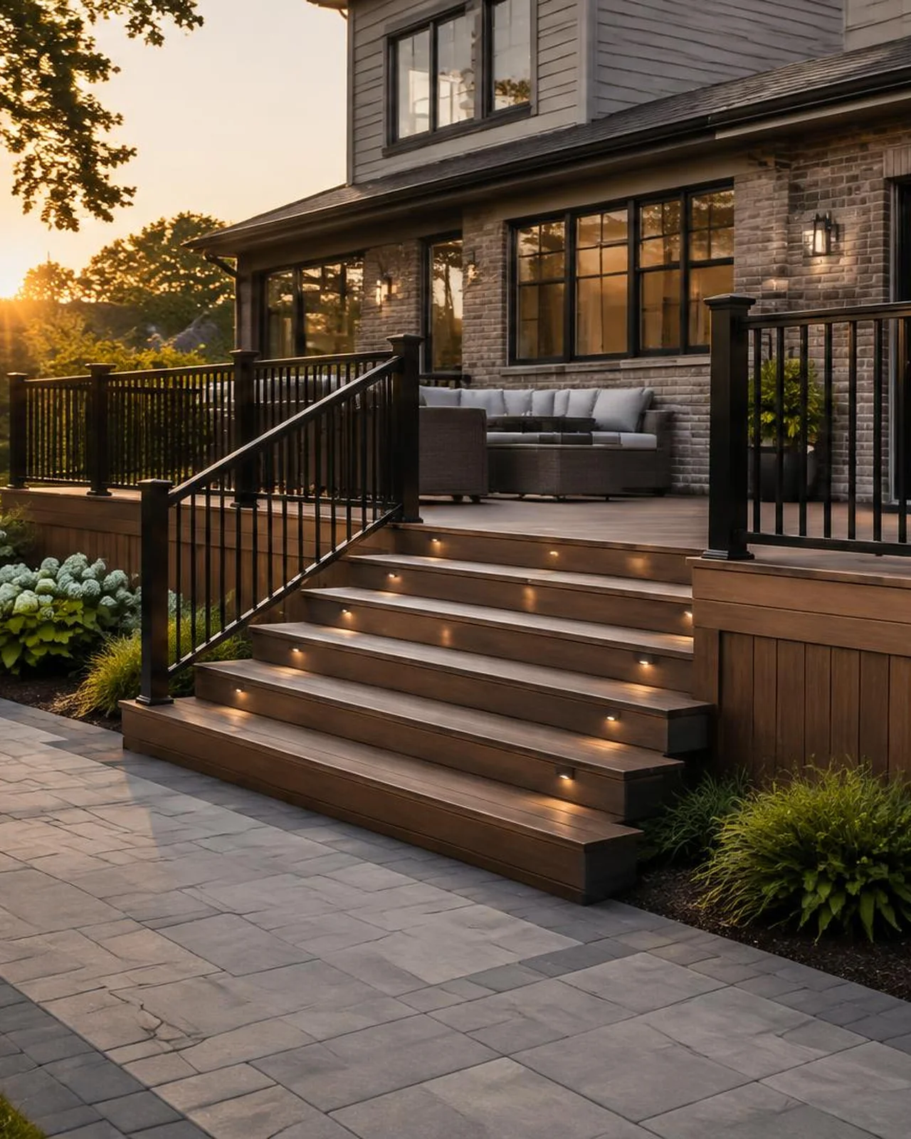 Composite deck with black railings and wide steps beside a brick home