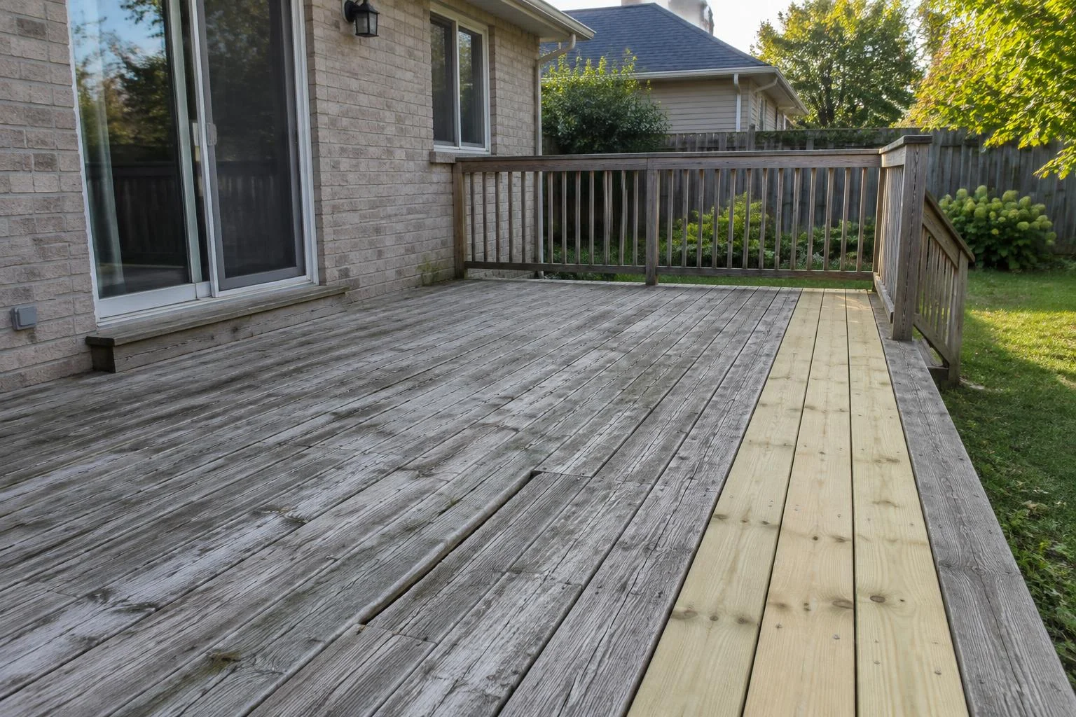 Weathered grey wood deck boards with a strip of new boards beside a house