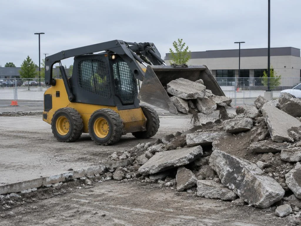 Skid steer loading broken concrete slabs on a commercial lot
