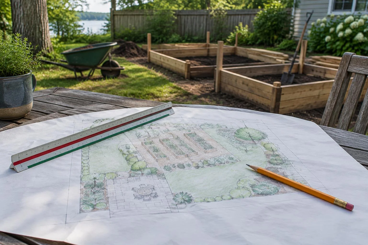 Hand-drawn landscape plan with a scale ruler and pencil on an outdoor table, new garden beds behind