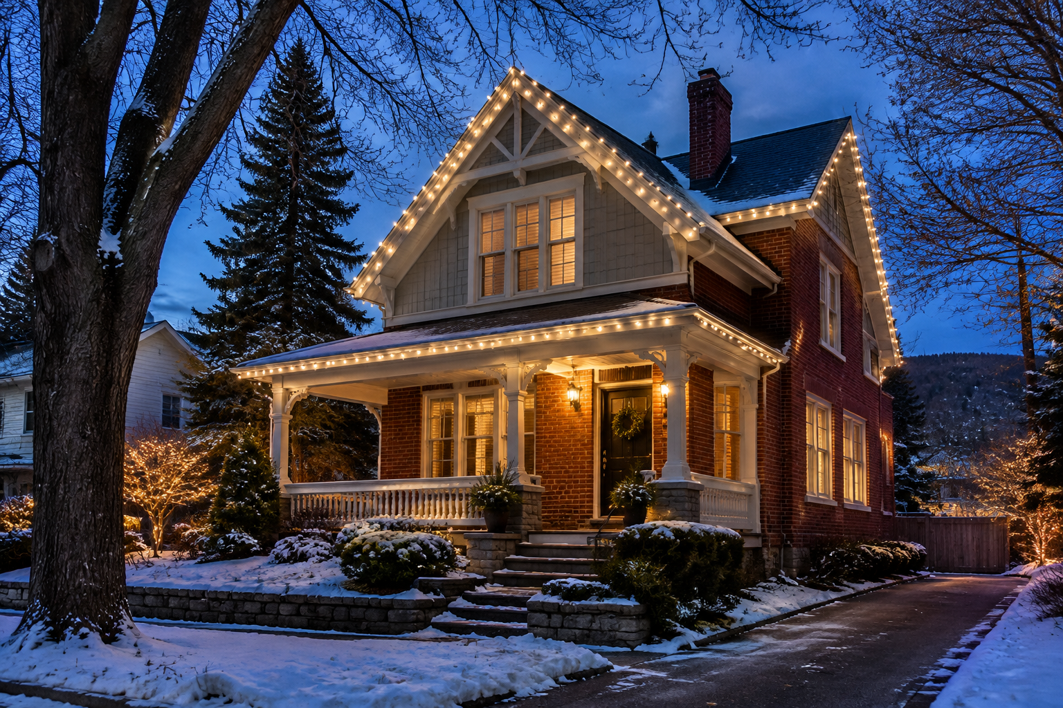 Older Dundas valley home with character trim and warm-white Christmas lights along the eaves