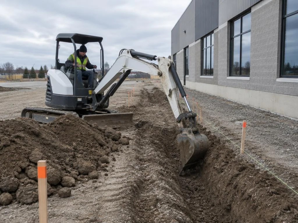Mini-excavator digging a shallow trench beside a commercial building