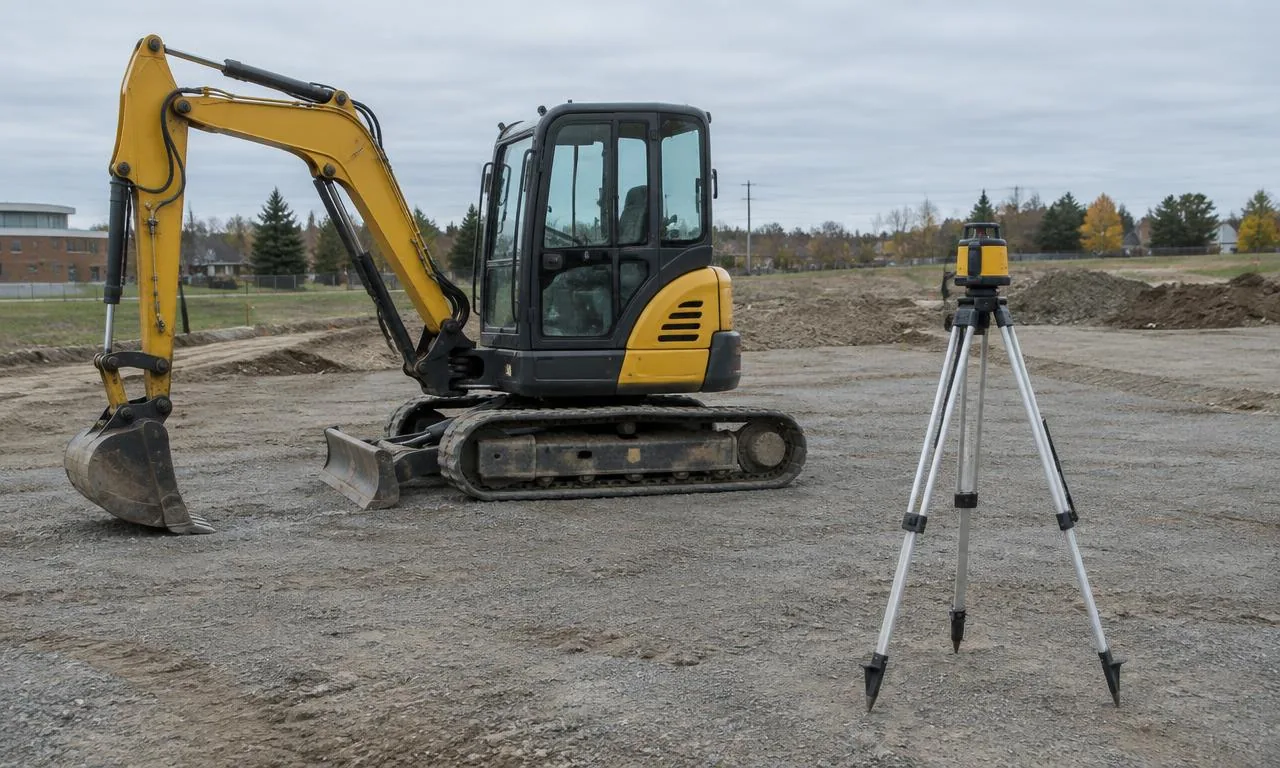 Mini-excavator on graded commercial pad