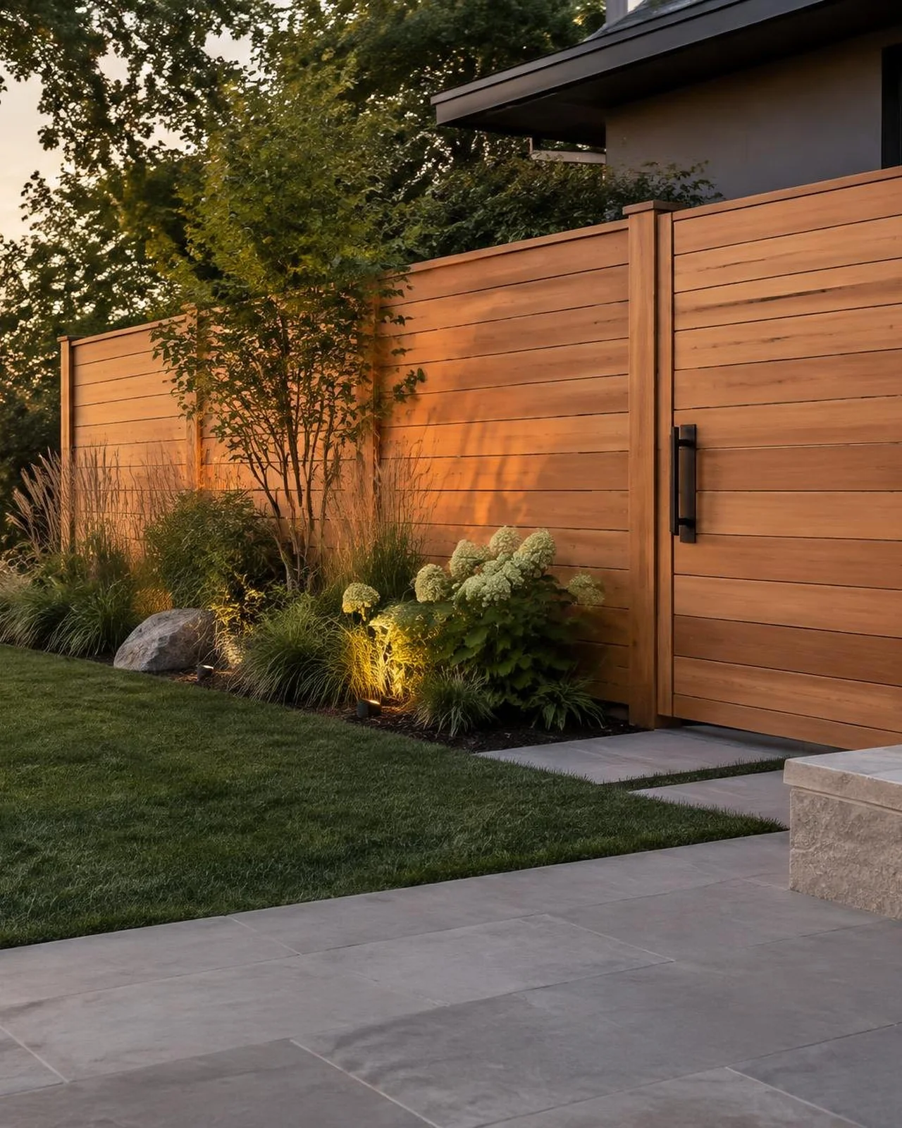 Horizontal cedar privacy fence and gate beside a lawn and planted beds