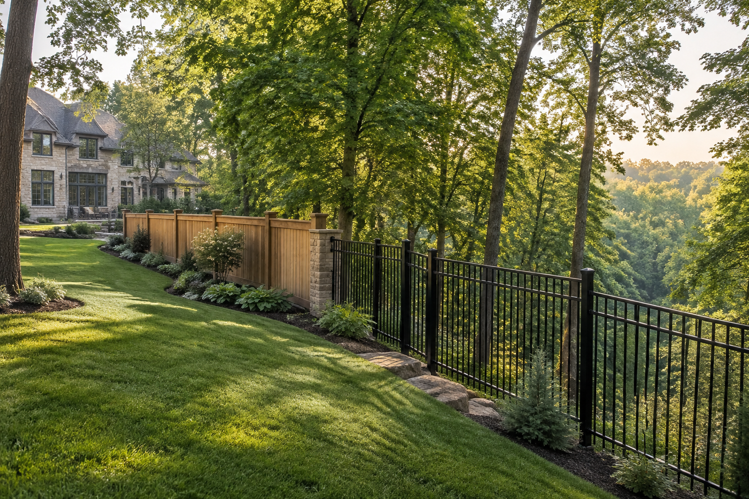 Generated design concept of cedar and black ornamental fencing along a treed Ancaster estate property line