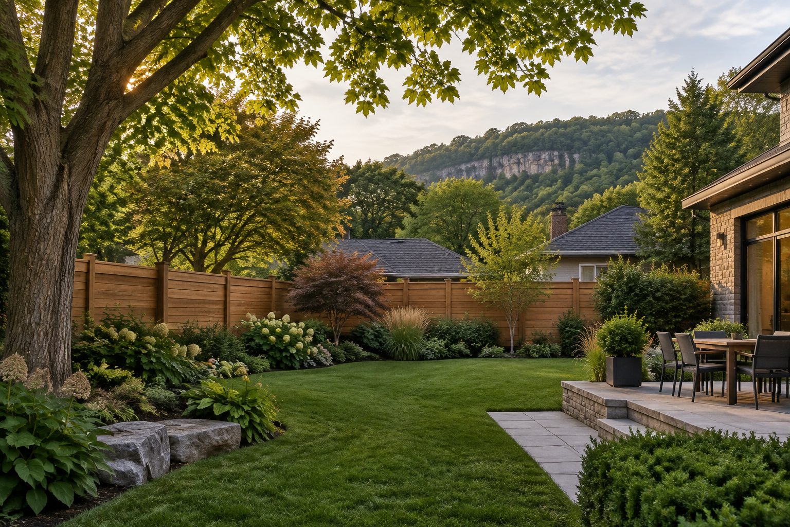 Generated design concept of a horizontal cedar fence in a mature Burlington backyard near the escarpment