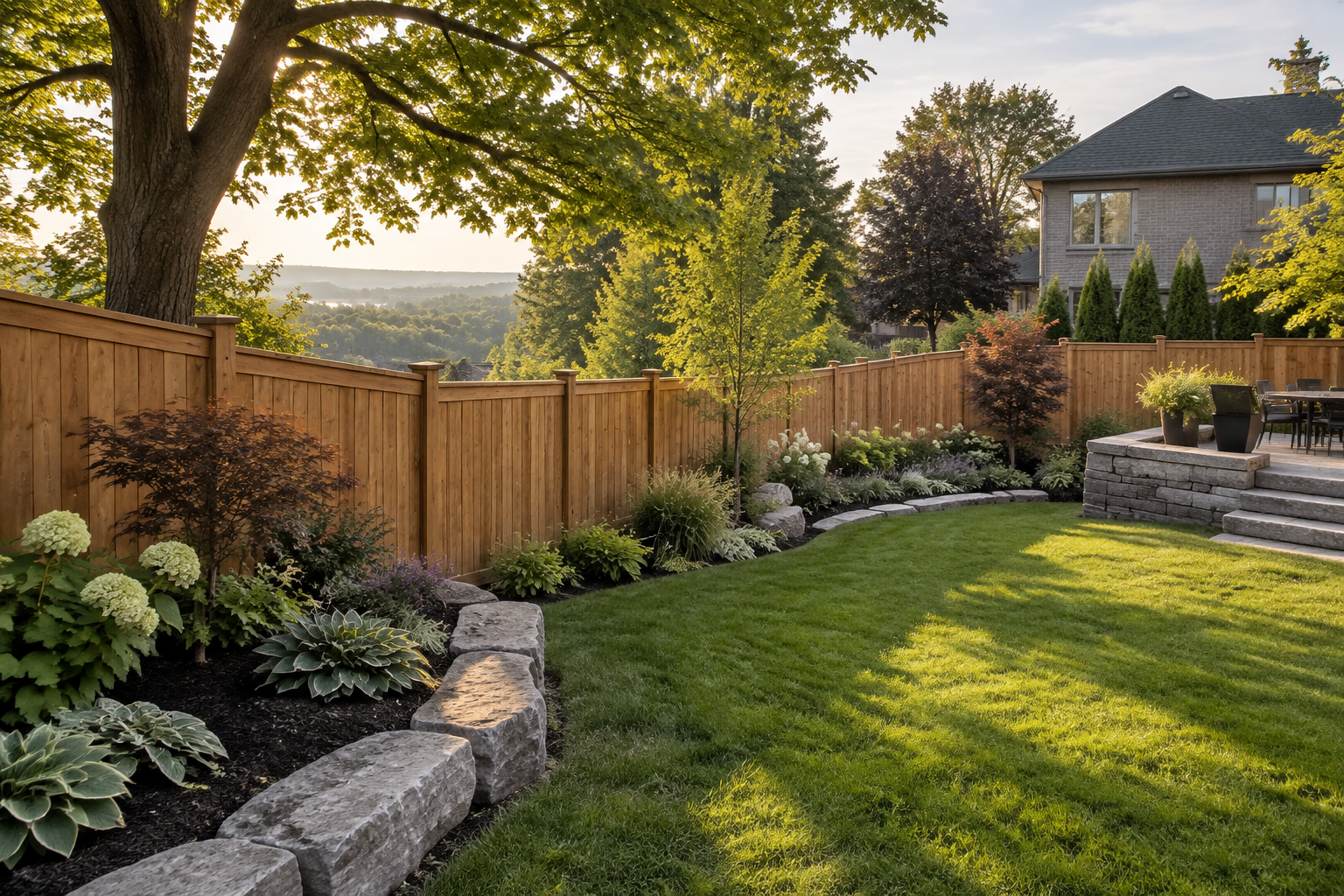 Generated design concept of a cedar privacy fence in a landscaped Hamilton Mountain backyard near the escarpment