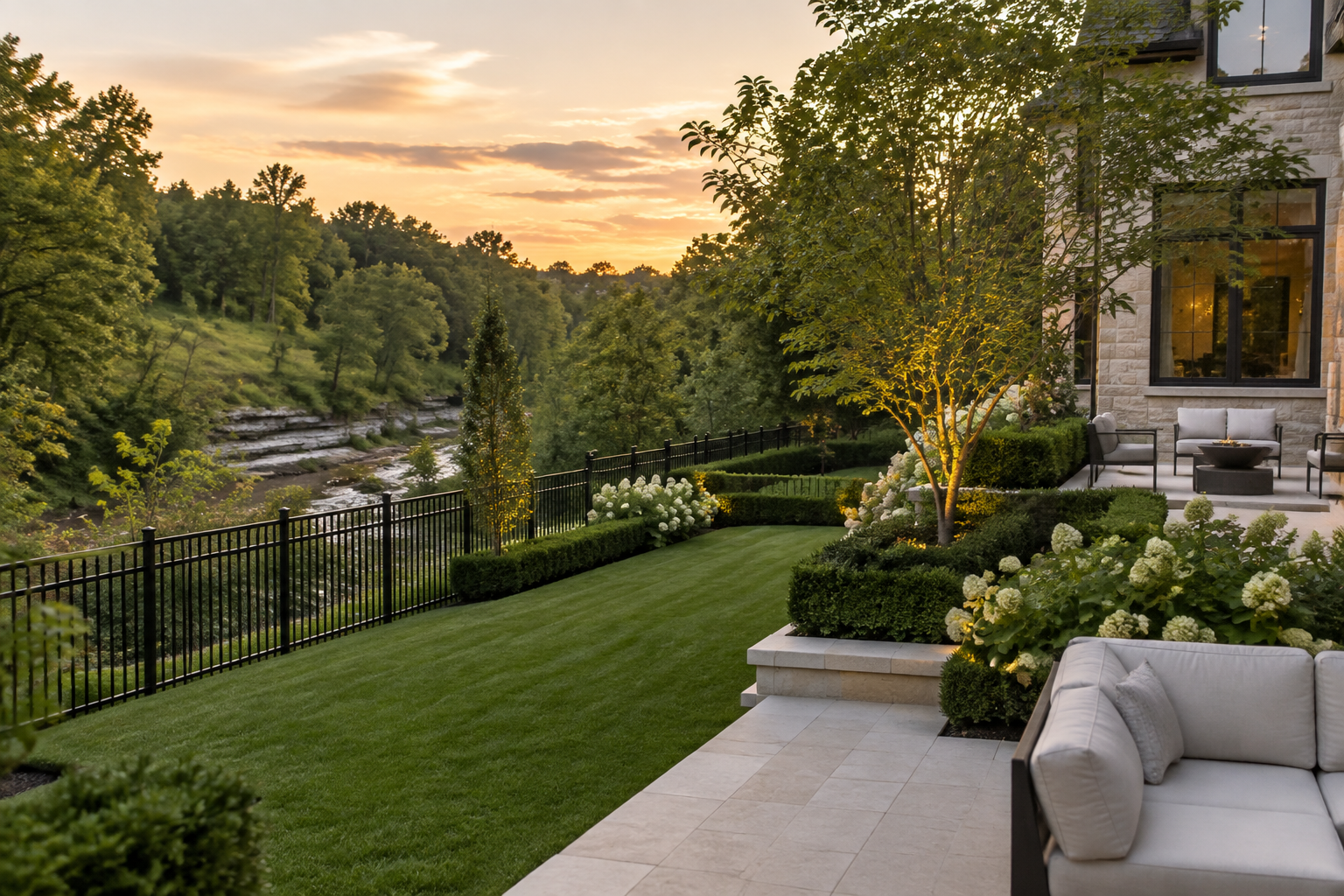 Generated design concept of black ornamental aluminum fencing in a landscaped Oakville creek-valley backyard