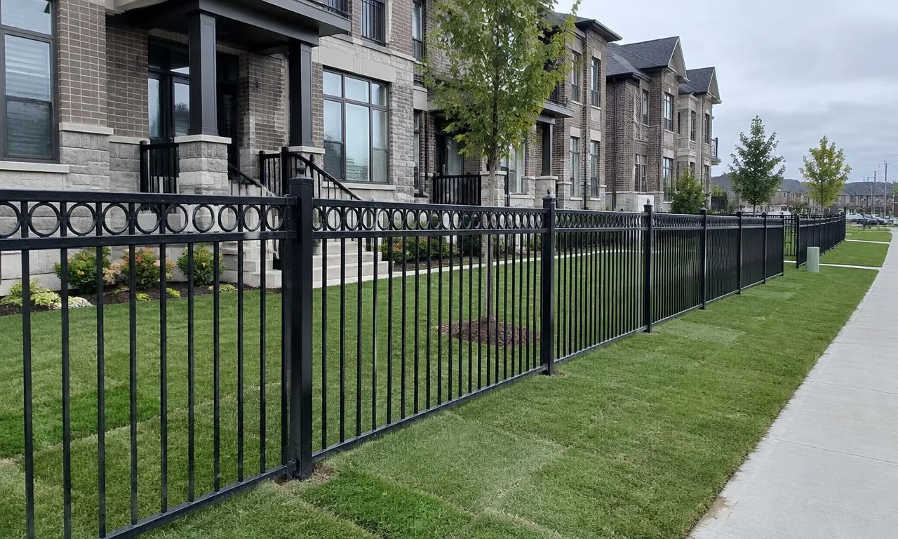 Black ornamental aluminum fence beside fresh sod at a multi-residential frontage
