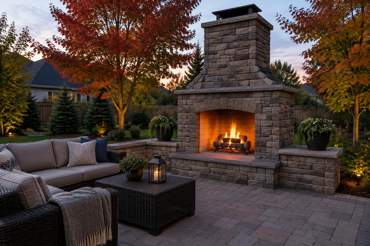 Stone veneer outdoor fireplace with a chimney at the end of an interlock patio