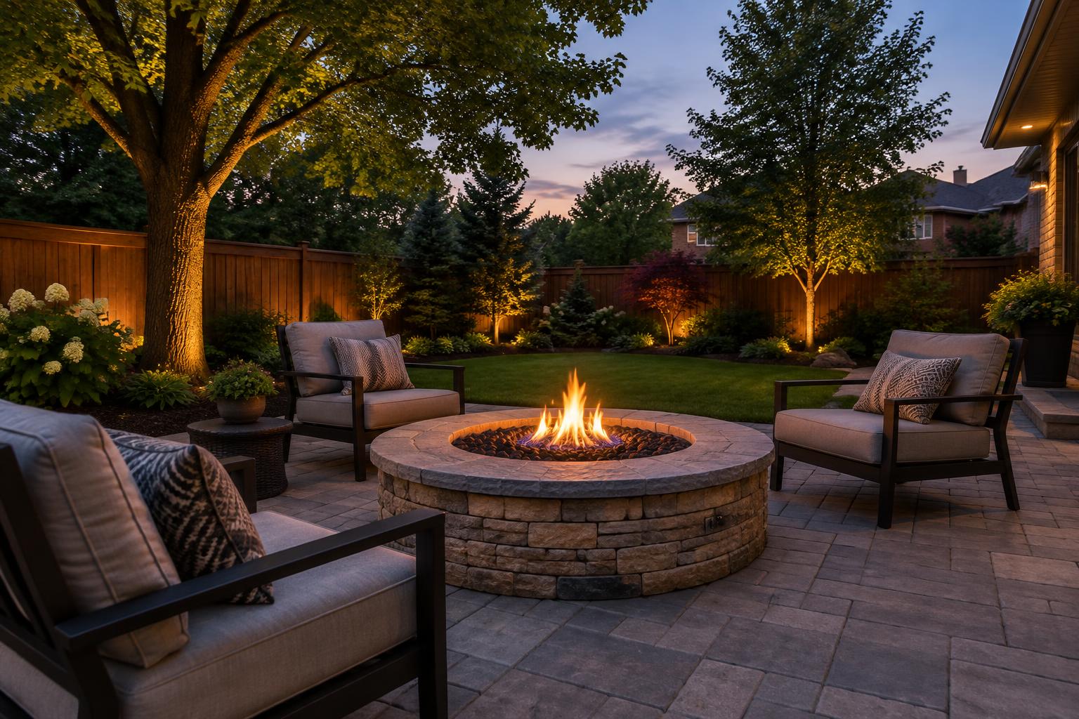 Round stone gas fire pit on an interlock patio with lounge chairs at dusk