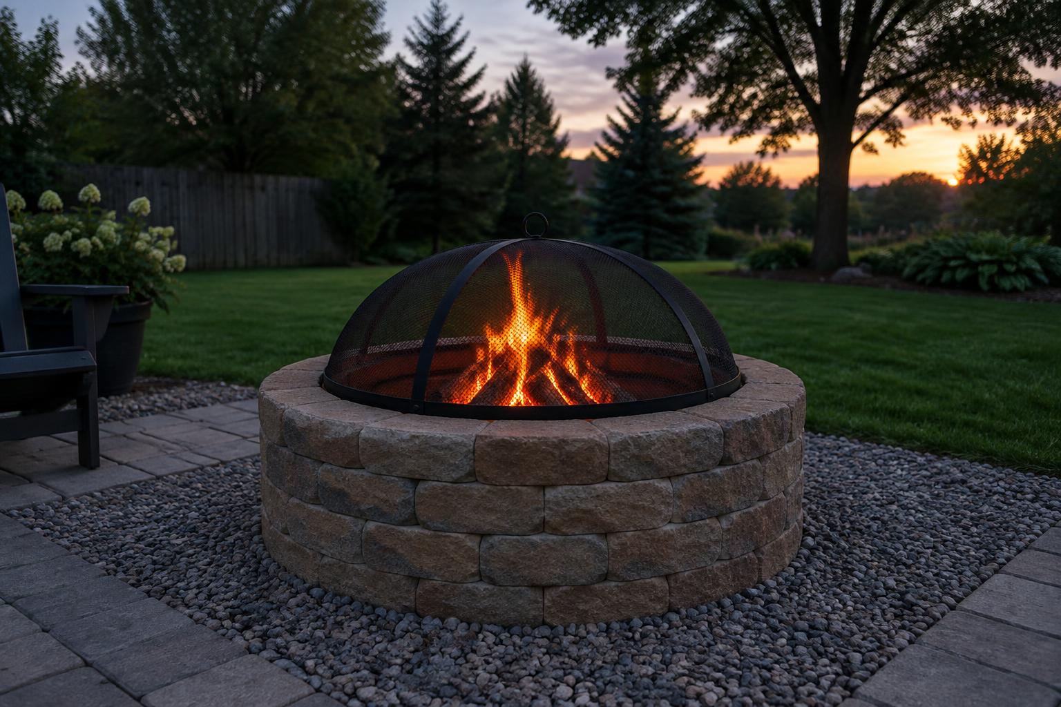 Wall block wood fire pit with a black steel spark screen on gravel at dusk