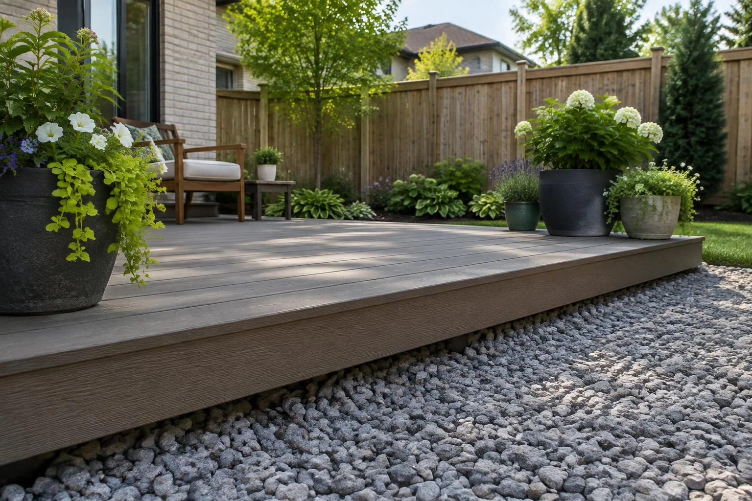 Low composite deck a few inches above a gravel base in a fenced backyard with potted plants