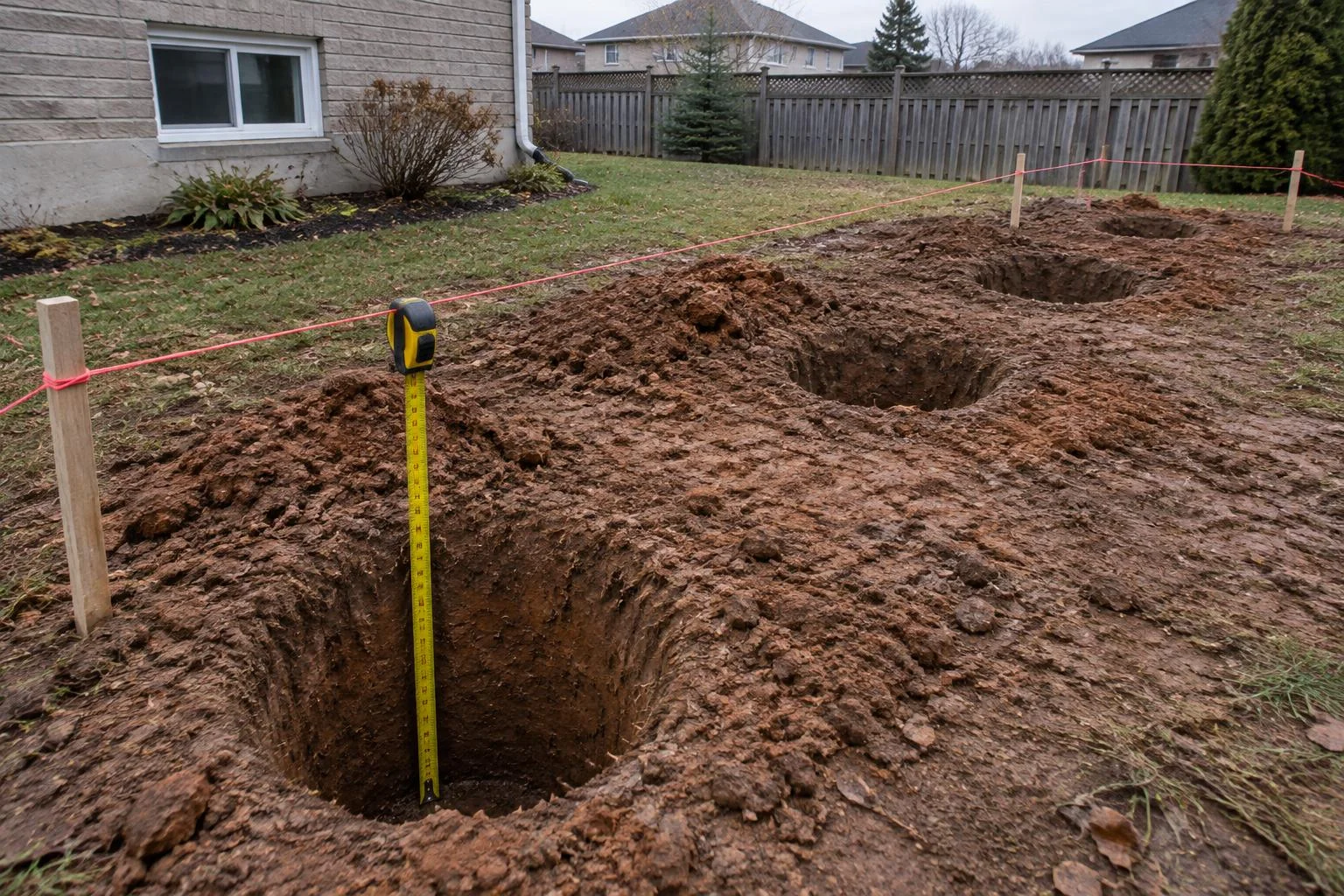 Round footing holes dug in clay soil with a tape measure hanging into one and string lines across the yard