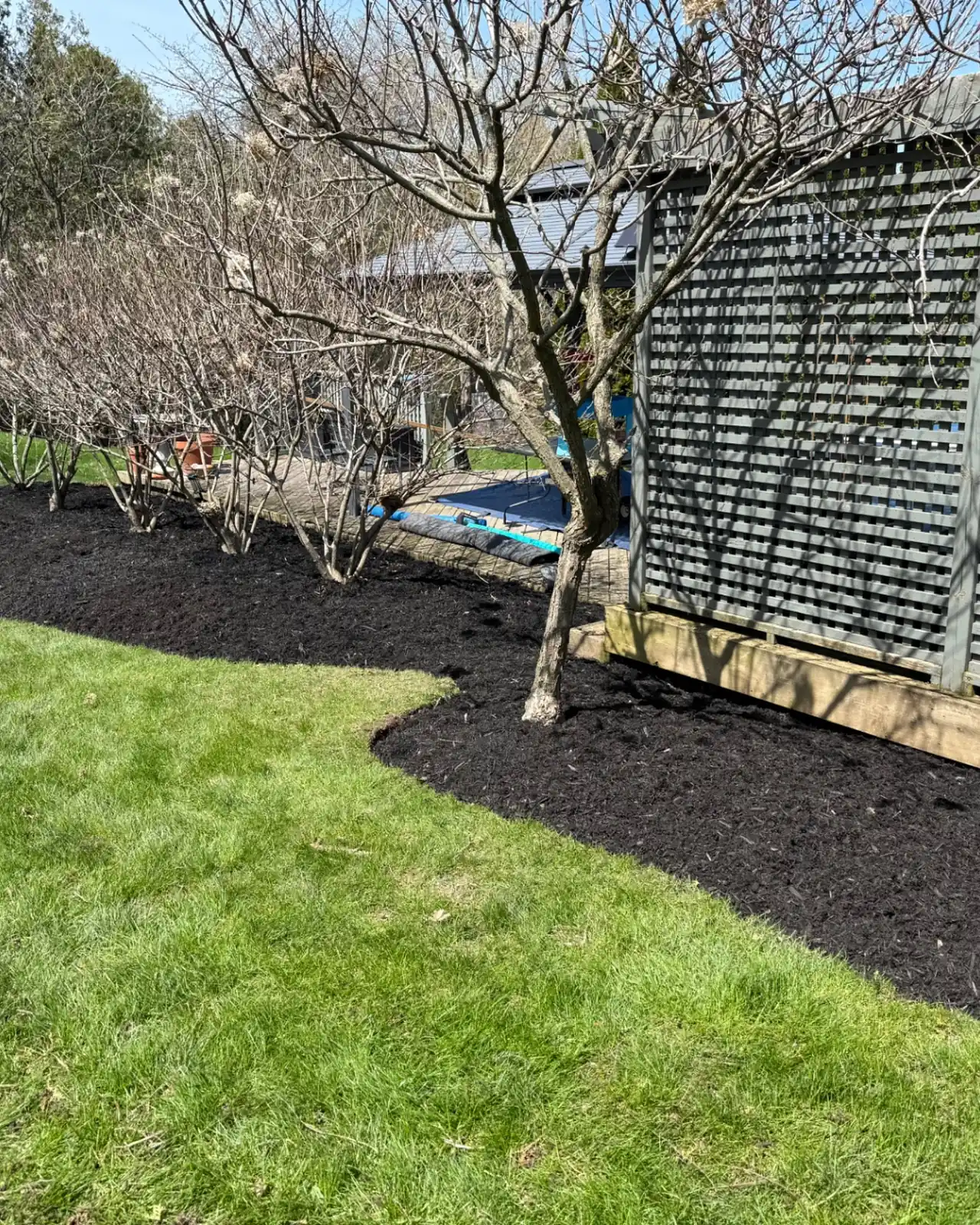 Finished backyard planting bed along a wood privacy fence