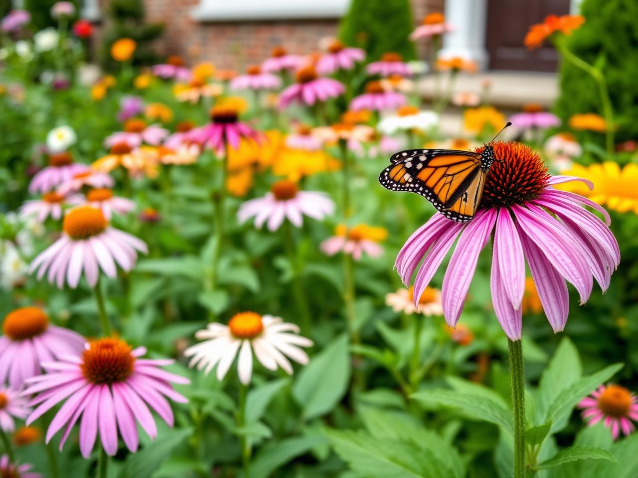 Native pollinator garden in Hamilton with monarch butterflies on coneflowers