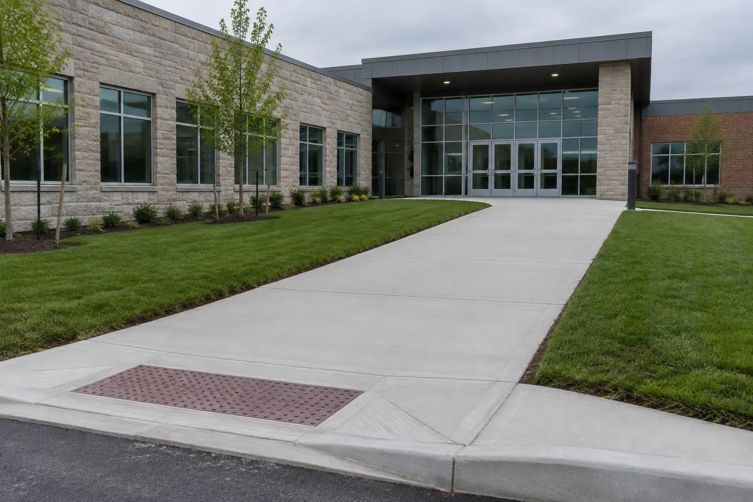 Wide concrete walkway with a curb ramp and tactile warning plate leading to the entrance of an institutional building