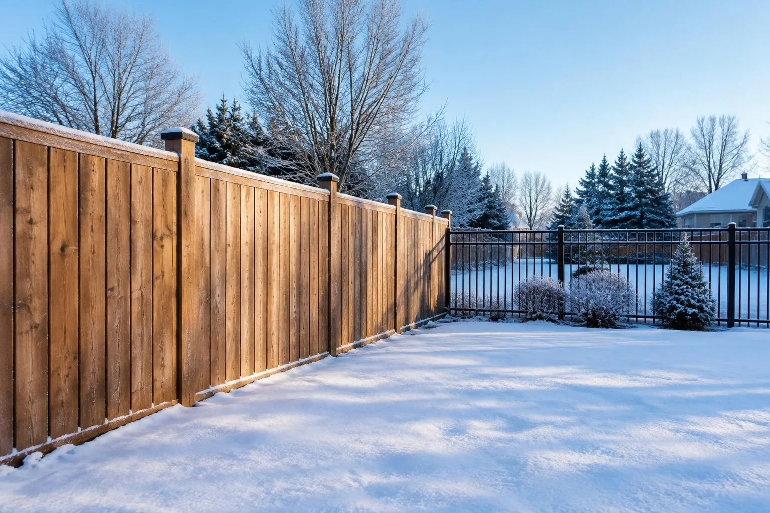 Design concept: wood privacy fence and black aluminum fence in a snowy Ontario backyard (generated illustration)