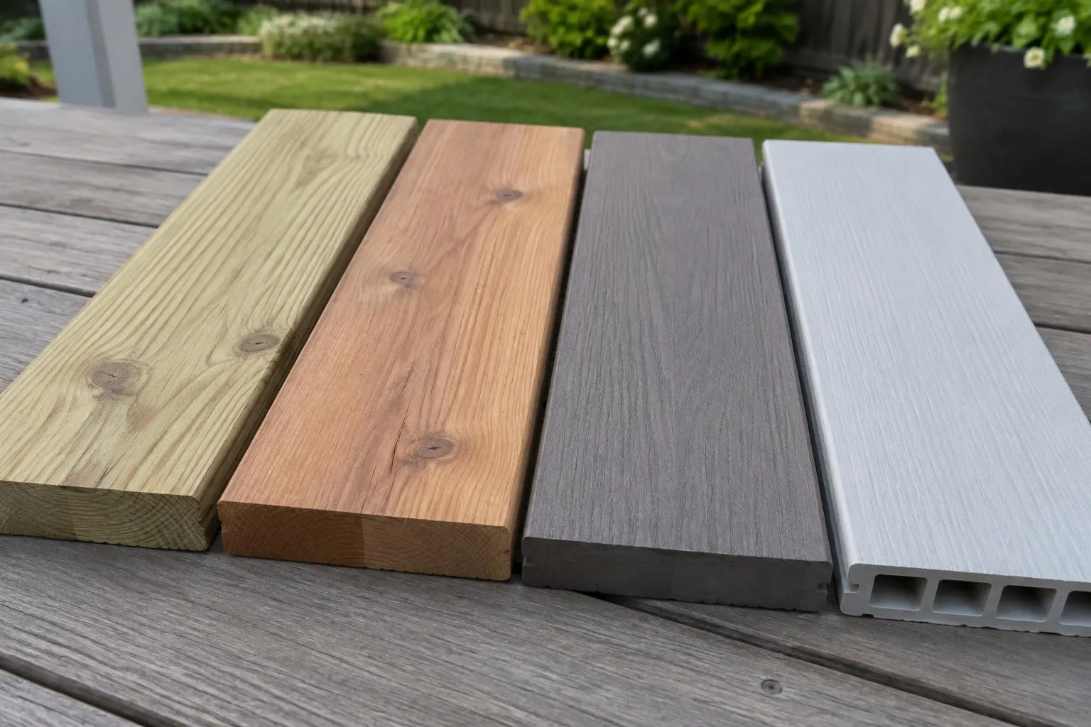 Pressure-treated, cedar, grey composite and white PVC deck board samples side by side on a deck