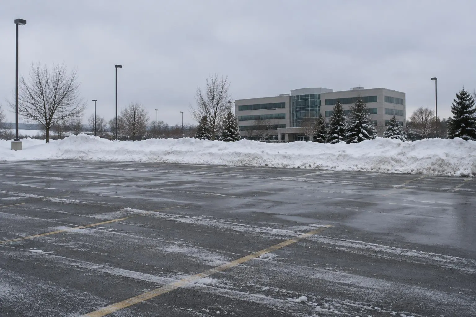 Plowed commercial parking lot with snow piled along the perimeter in front of an office building on an overcast morning