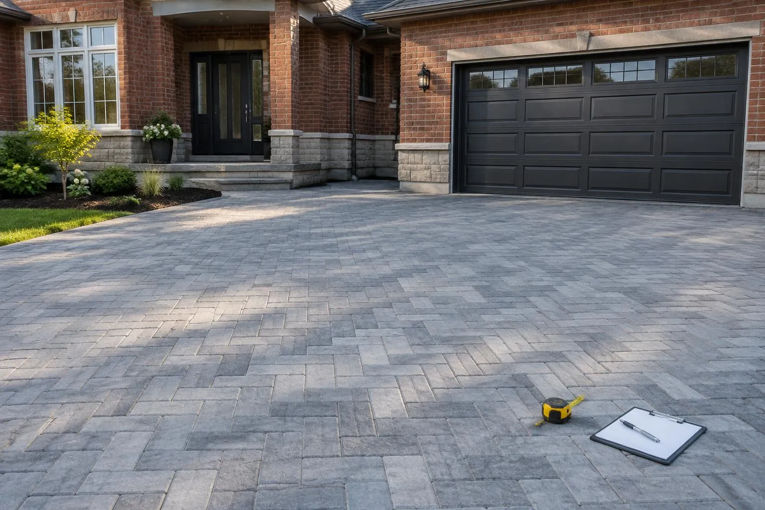Grey herringbone paver driveway with a charcoal border in front of a brick home, with a tape measure and clipboard resting on the pavers
