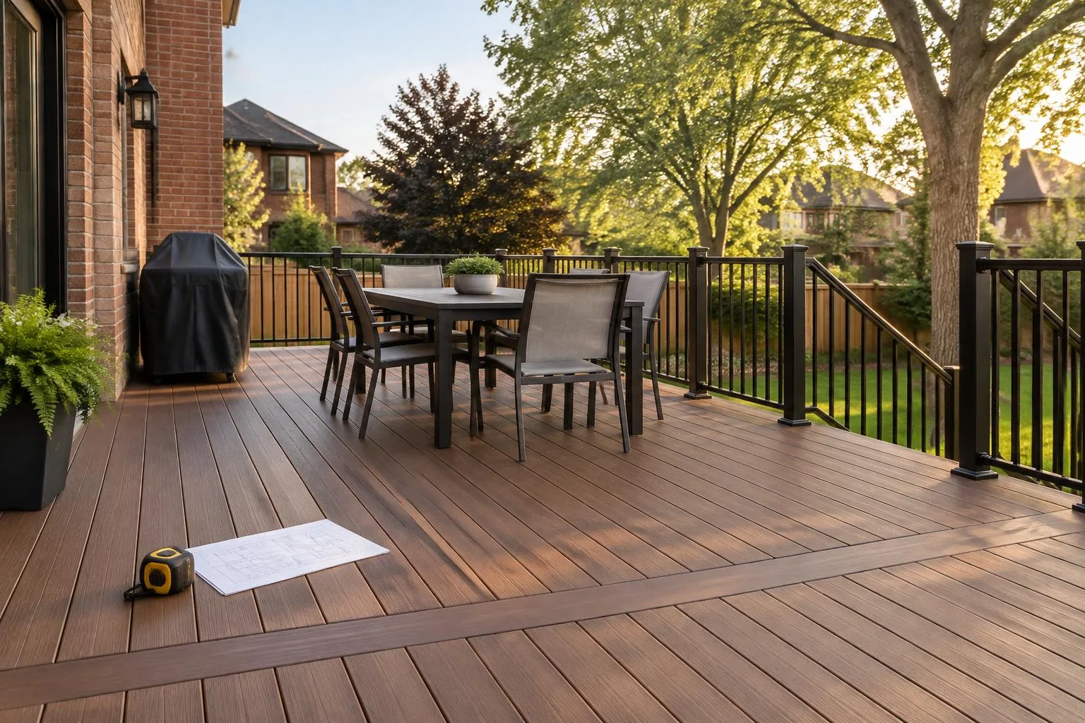 Brown composite deck with black aluminum railing behind a brick home, with a tape measure and deck plan on the boards
