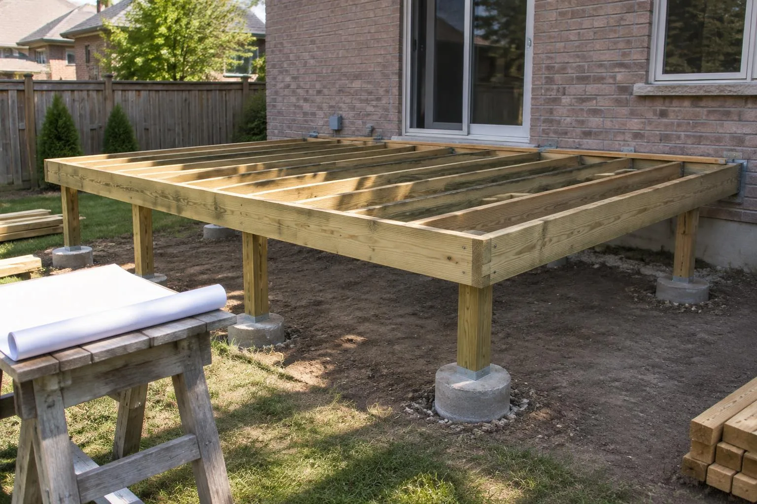 Pressure-treated deck frame on concrete piers attached to a brick house, with rolled drawings on a sawhorse