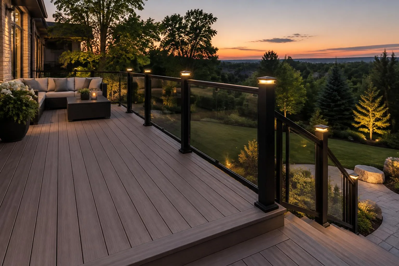 Composite deck with black aluminum and glass railing and glowing post-cap lights overlooking a treed backyard at dusk