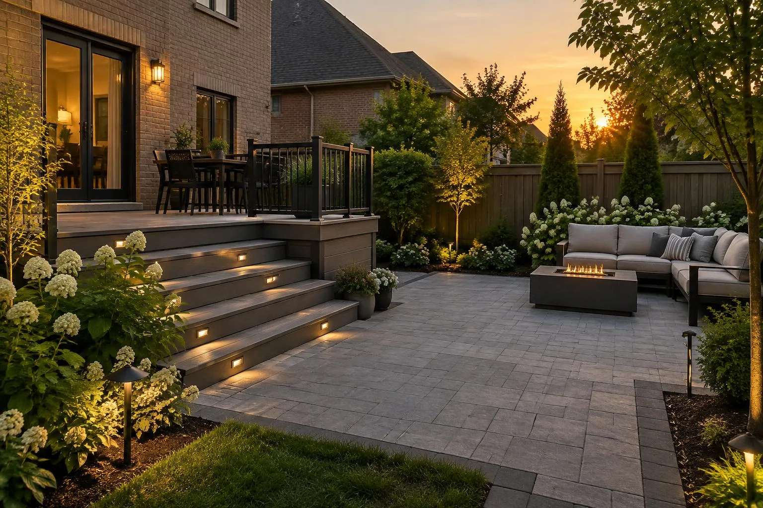 Raised composite deck with lit wide stairs leading down to an interlocking paver patio with a fire table and planting
