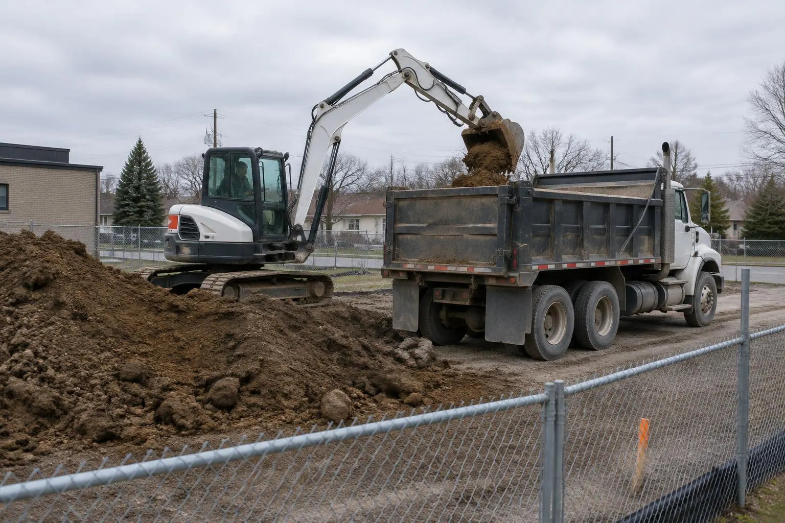 Compact excavator loading excavated soil into a tandem dump truck beside a soil stockpile on a fenced commercial site