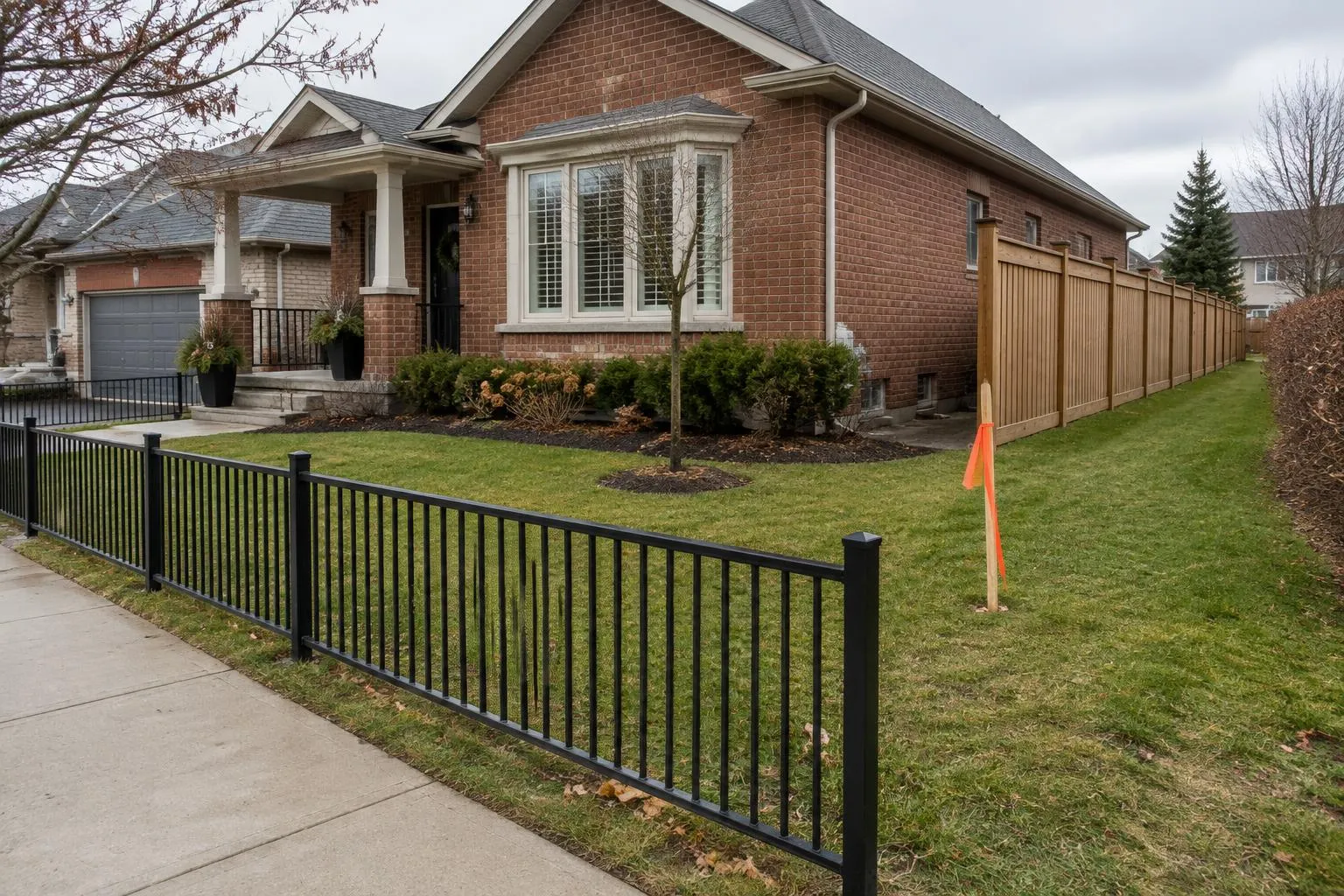 Design concept: low black aluminum front-yard fence and taller wood side-yard fence with a survey stake (generated illustration)