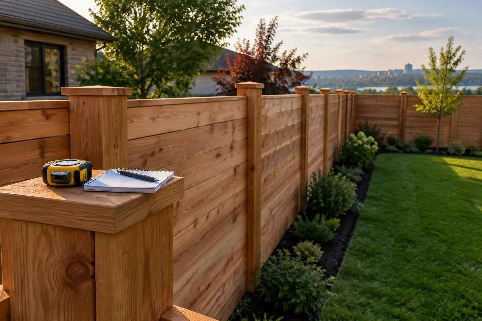 Design concept: horizontal cedar fence with a tape measure and notepad on a post cap (generated illustration)