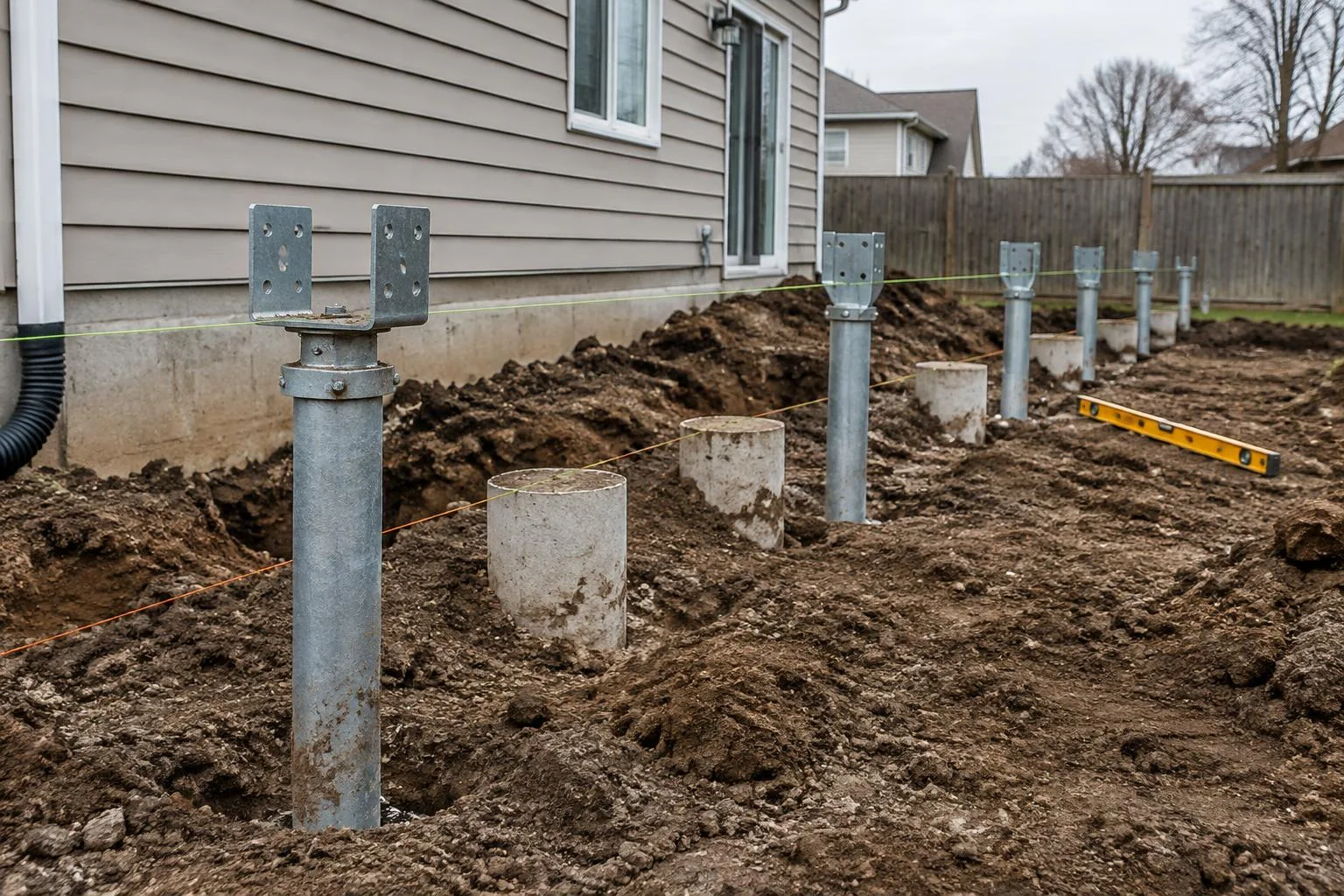 Steel helical piles with brackets beside concrete pier footings in excavated clay soil next to a house