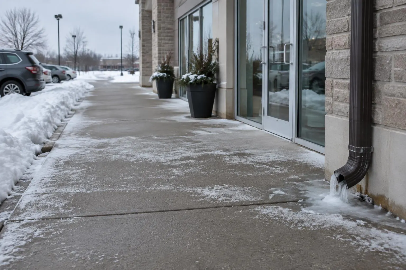 Salted commercial entrance walk beside a storefront, with snowbanks along the curb and a patch of refrozen ice under a downspout