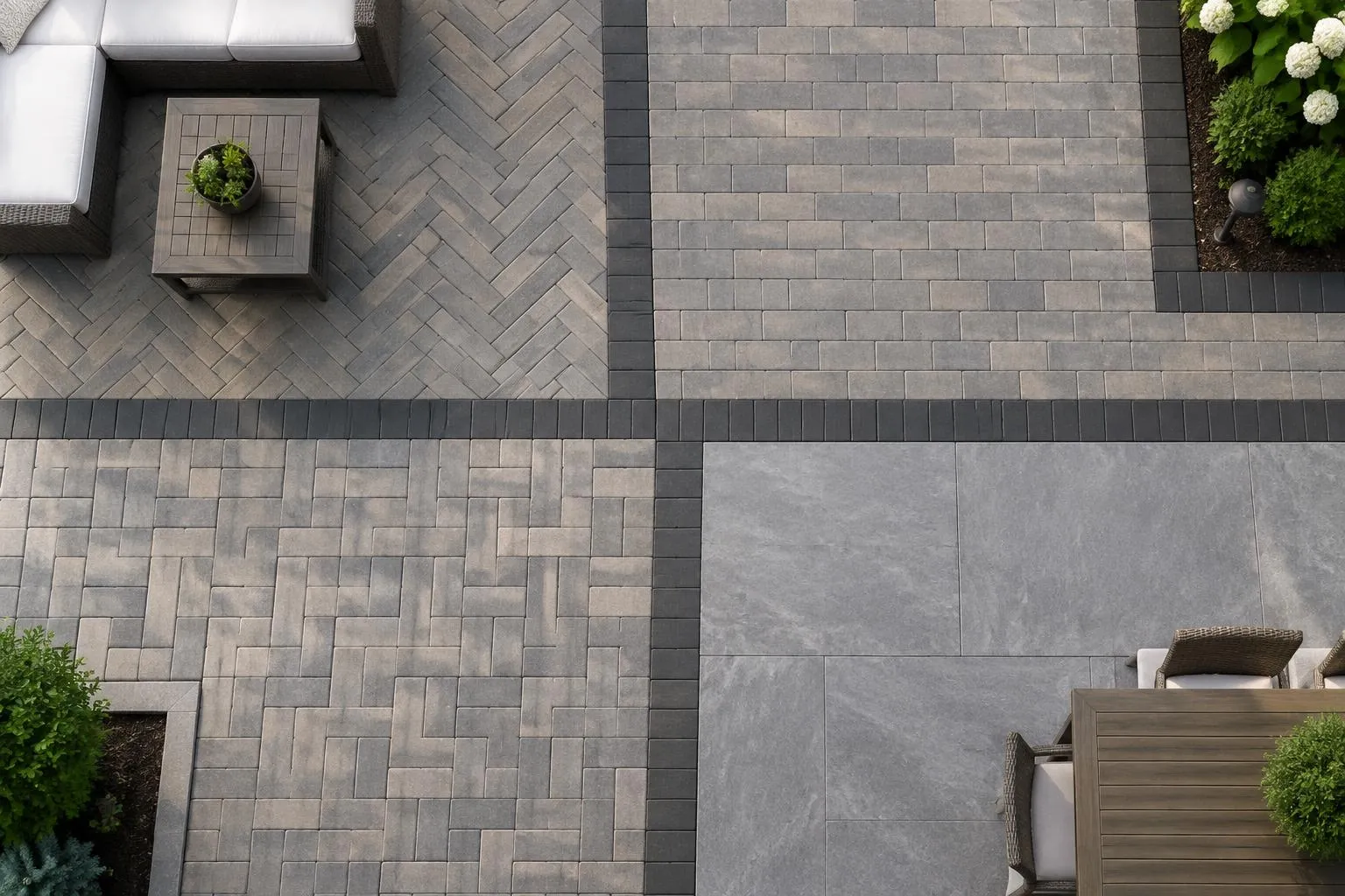 Overhead view of a patio where herringbone, running bond, basketweave and large-format slab paving meet, separated by charcoal soldier-course borders