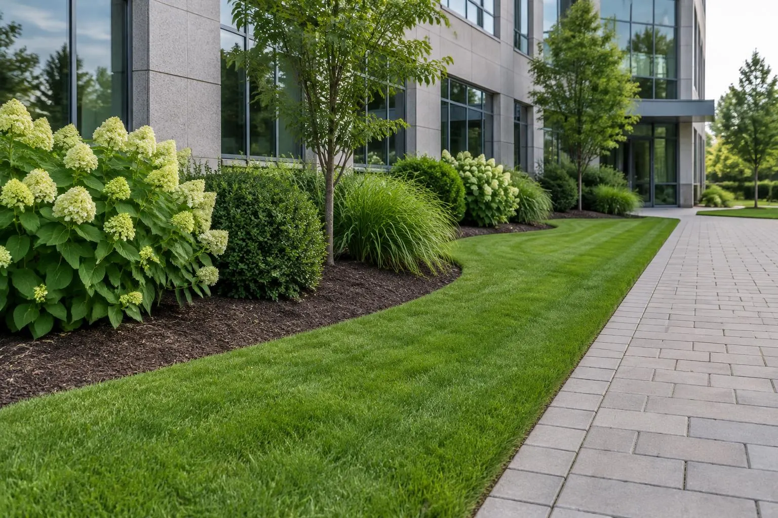 Dense mown turf and mulched shrub beds beside a commercial office building, with a tight-jointed paver walkway