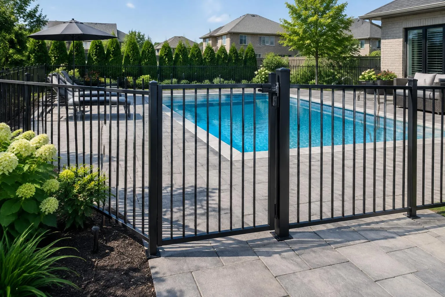 Design concept: black aluminum pool enclosure with a self-closing gate (generated illustration)