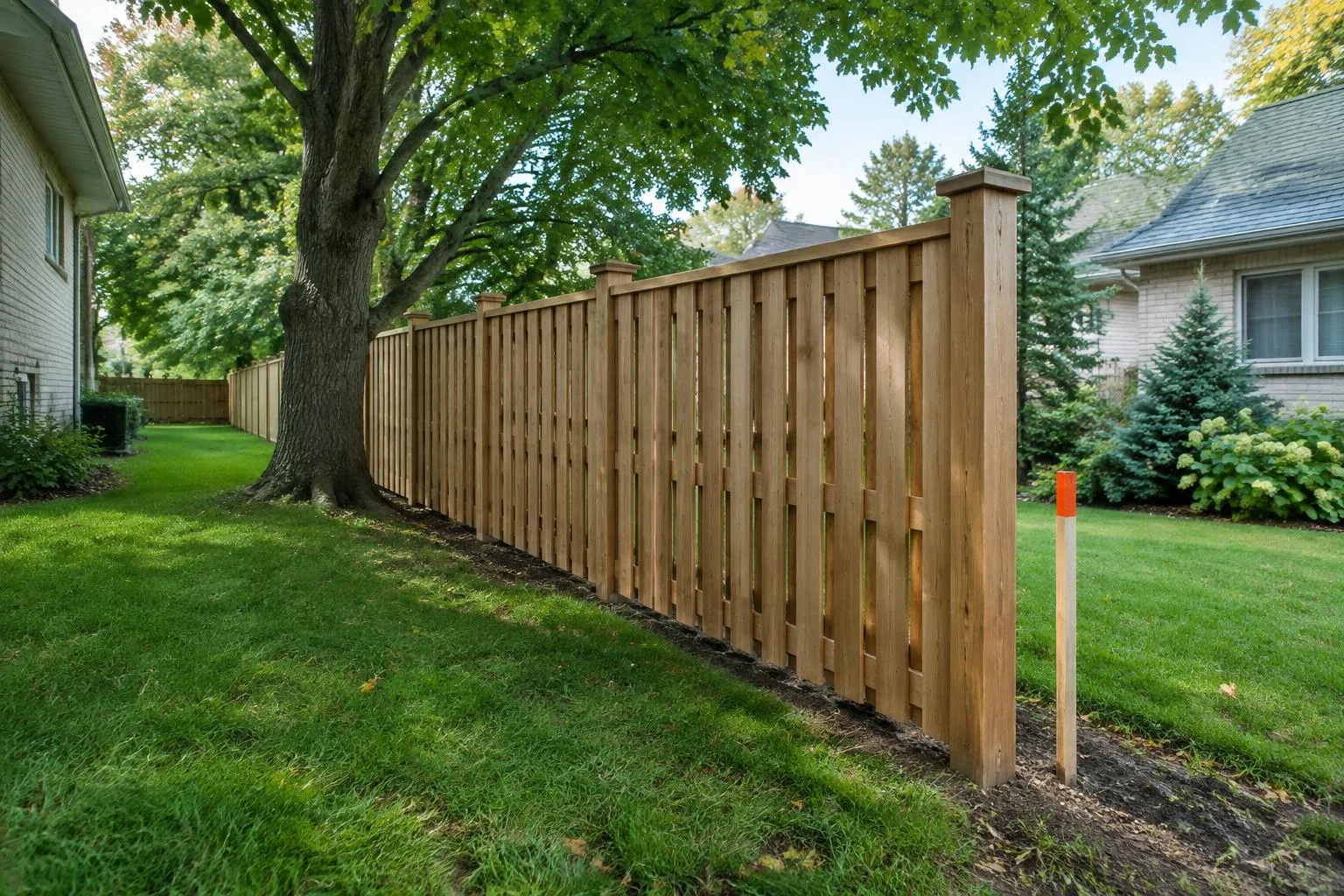 Design concept: shadowbox fence finished on both sides between two backyards with a survey stake (generated illustration)