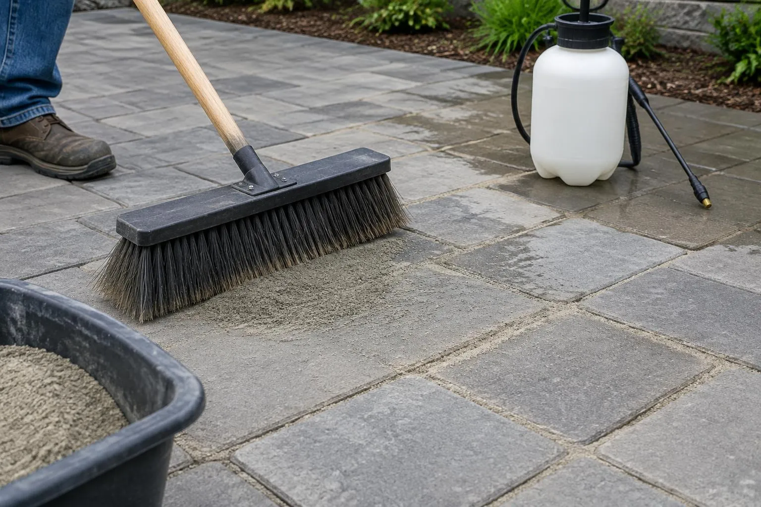 Push broom sweeping grey polymeric sand into the joints of large concrete patio pavers, with a pump sprayer and bucket nearby