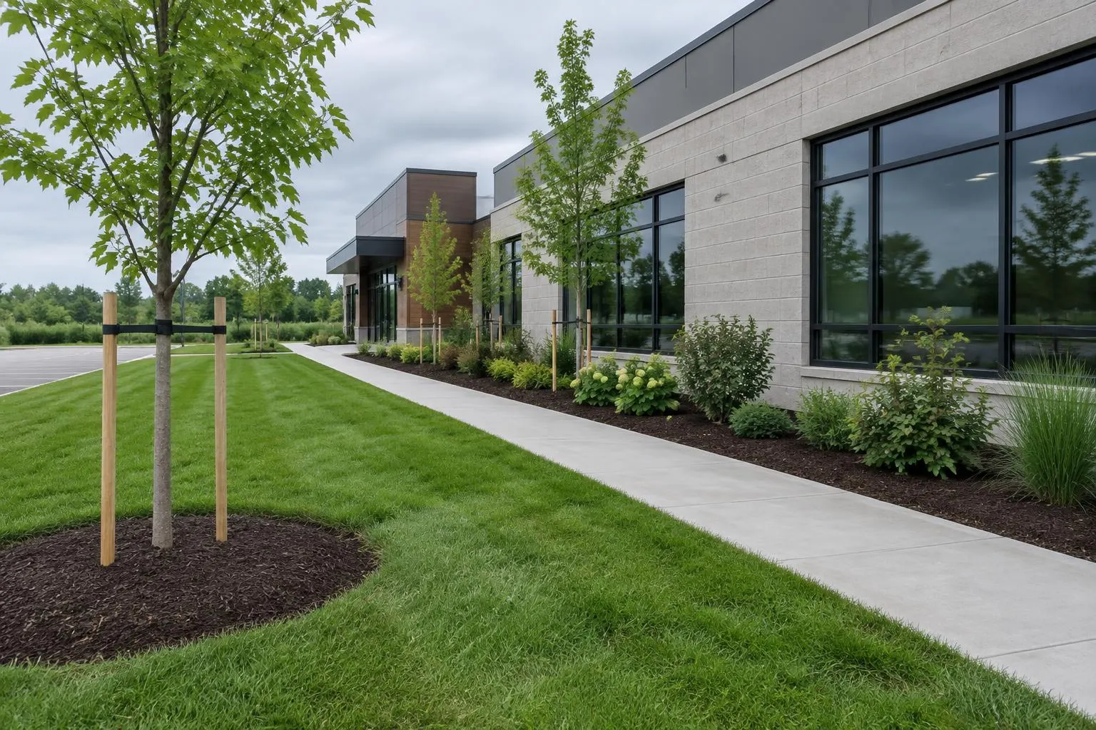 Newly installed shrubs, staked young trees, mulch beds and fresh sod along a walkway beside a low-rise commercial building