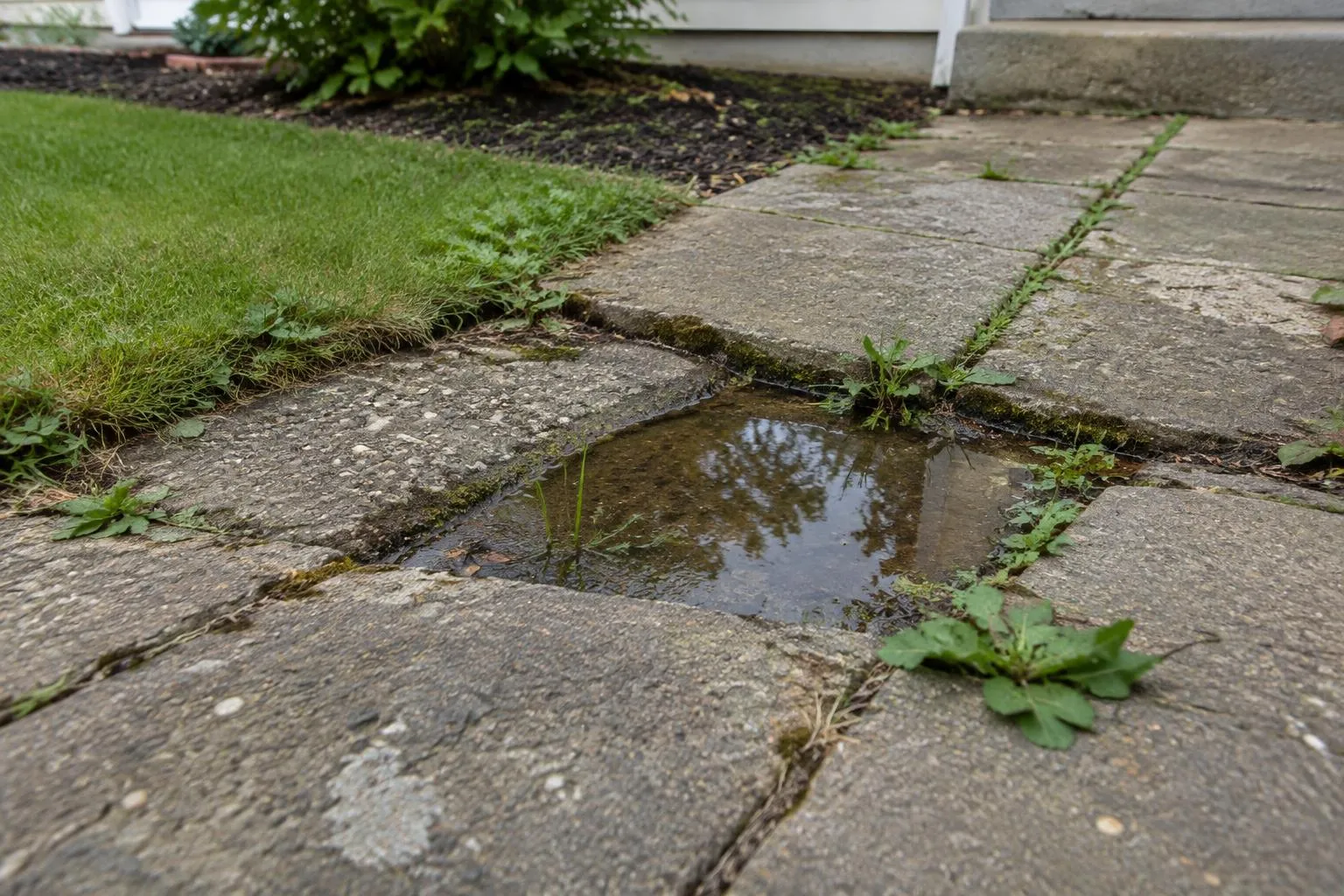 Close-up of an older concrete paver walkway with a sunken low spot holding a shallow puddle and weeds growing between uneven joints