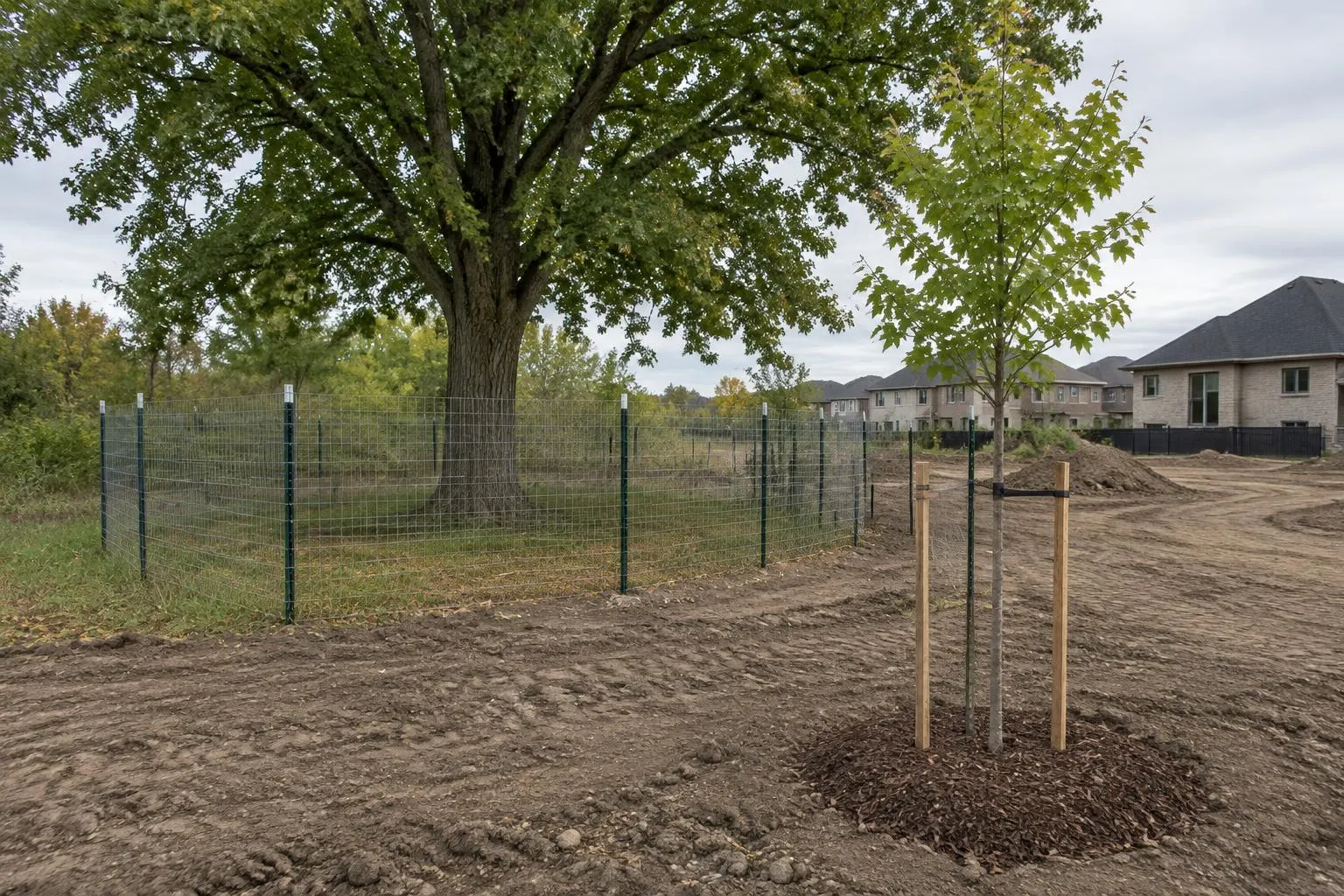Paige-wire tree protection fencing around a mature tree at the edge of a development site, with a newly staked young tree in the foreground