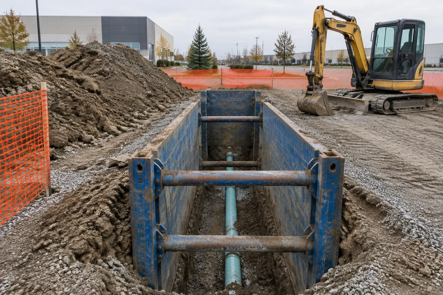 Steel trench box protecting an open utility trench on a commercial site, with the soil pile set back and a mini excavator nearby