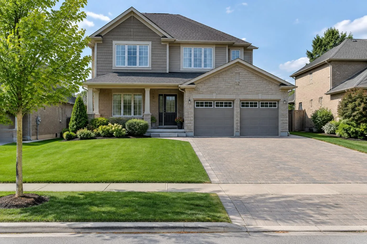 Two-storey brick home with a double-width paver driveway beside a large green front lawn, sidewalk and grassy boulevard at the curb
